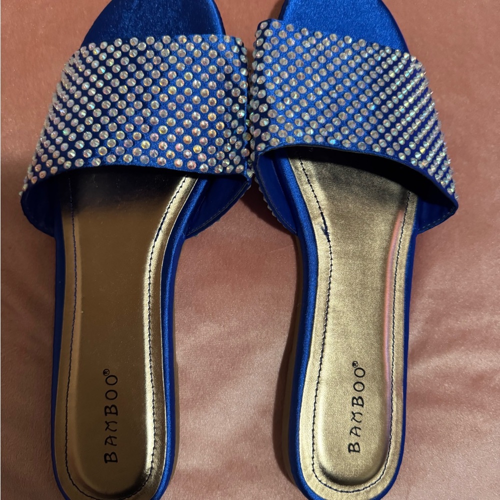 Bamboo Blue Rhinestone Slide Sandals